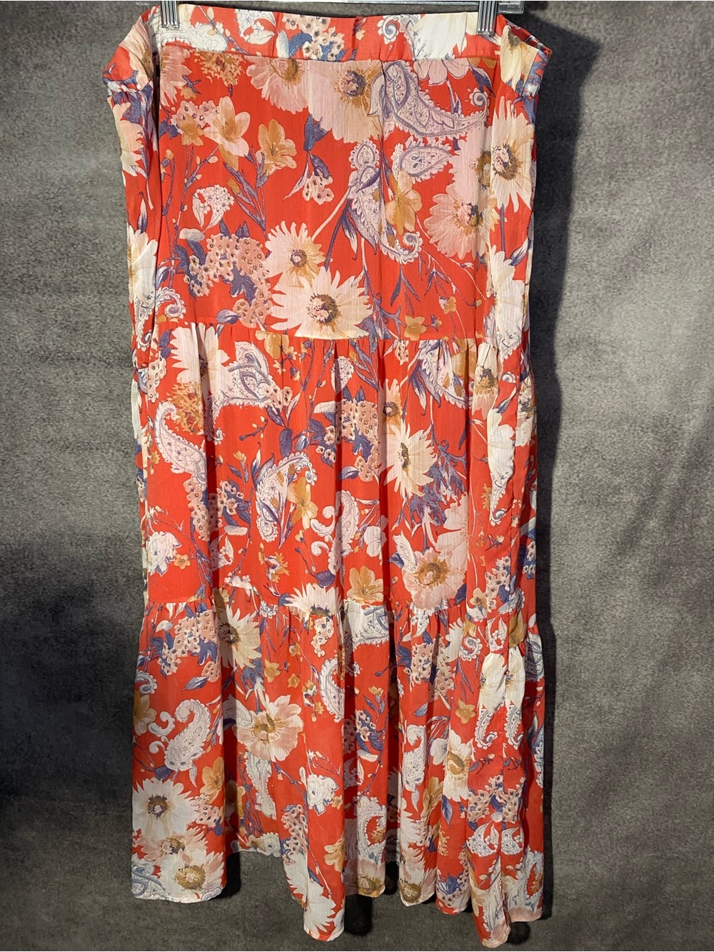 Fourteenth Place 2X Floral Paisley Tiered Maxi Skirt Orange Boho Button Front - Picture 5 of 11